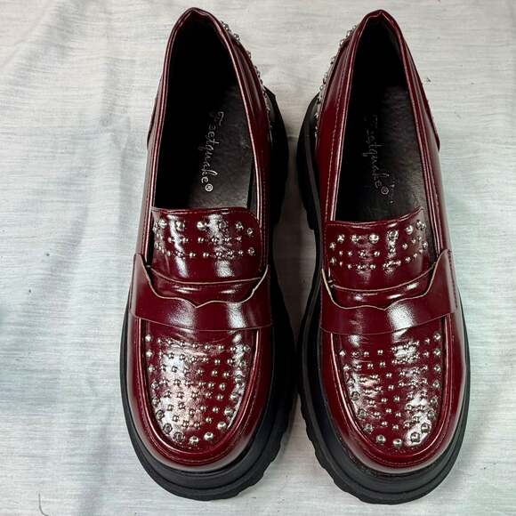 Feetquake Shoes - Feetquake Burgundy Studded Chunky Platform Loafers